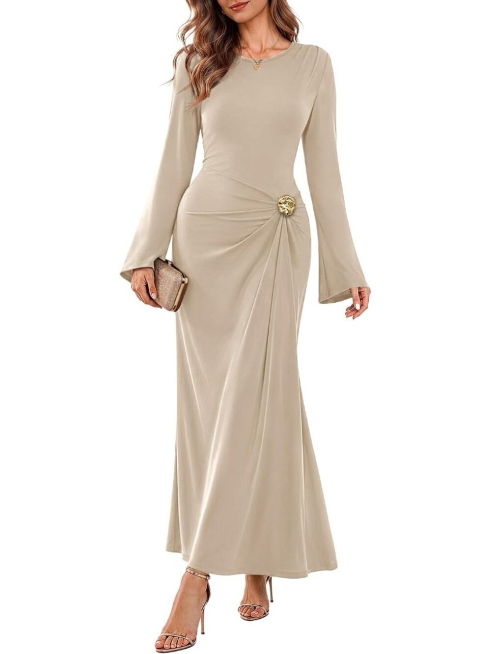 Women's Apricot Fashion Bodycon Long Sleeve Cocktail Outfits Guest Maxi Dresses